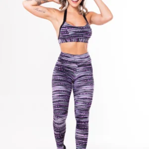 Conjunto Fitness Match Poliamida Estampada Riscos Preto E Rosa (Top+Calça)