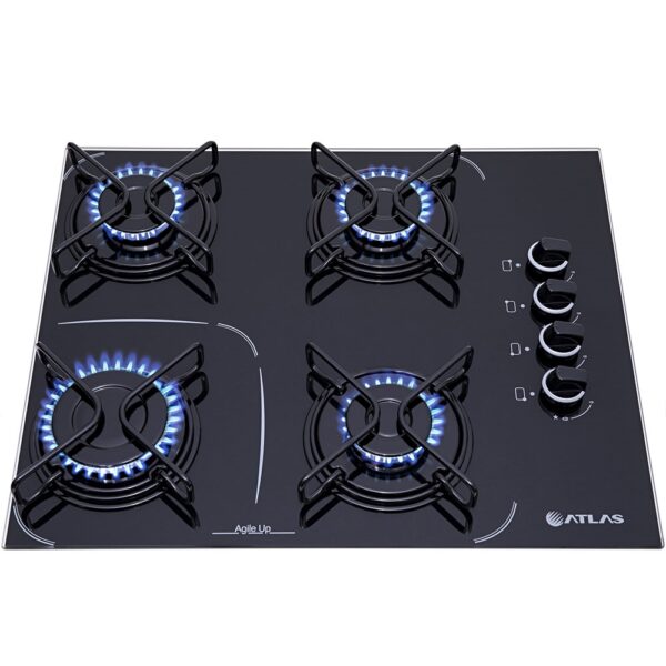 Cooktop 4 Bocas a Gás Atlas Agile Up Glass com Mesa de Vidro e Queimador Mega Chama Bivolt