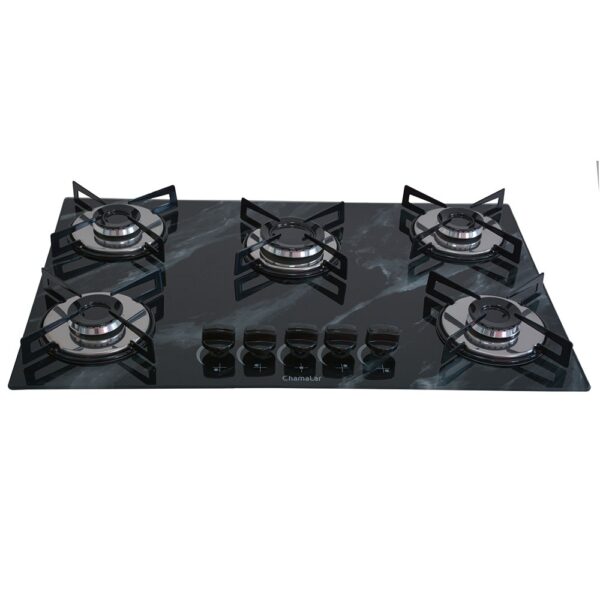 Cooktop 5 Bocas a Gás Chamalar Premium Mesa de Vidro Ultra Chama 131 Marmorizador Preto Bivolt