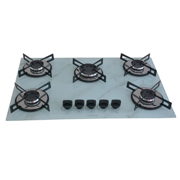 Cooktop 5 Bocas a Gás Chamalar Premium Mesa de Vidro Ultra Chama 132 Marmorizador Branco Bivolt