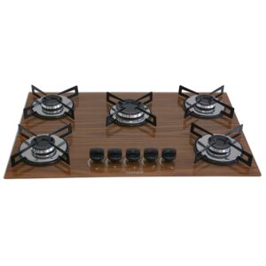 Cooktop 5 Bocas a Gás Chamalar Premium Mesa de Vidro Ultra Chama 134 Amadeirado Escuro Bivolt