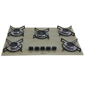 Cooktop 5 Bocas a Gás Chamalar Premium Mesa de Vidro Ultra Chama 135 Amadeirado Claro Bivolt