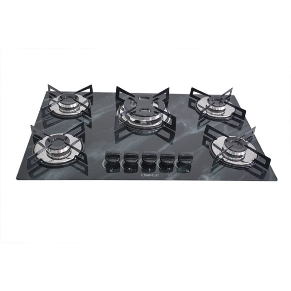 Cooktop 5 Bocas a Gás Chamalar Premium Tripla Chama Mesa de Vidro 136 Marmorizador Preto Bivolt