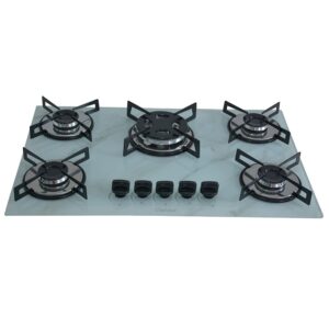 Cooktop 5 Bocas a Gás Chamalar Premium Tripla Chama Mesa de Vidro 137 Marmorizador Branco Bivolt