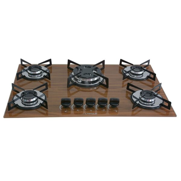 Cooktop 5 Bocas a Gás Chamalar Premium Tripla Chama Mesa de Vidro 139 Amadeirado Escuro Bivolt