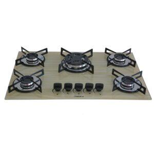 Cooktop 5 Bocas a Gás Chamalar Premium Tripla Chama Mesa de Vidro 140 Amadeirado Claro Bivolt