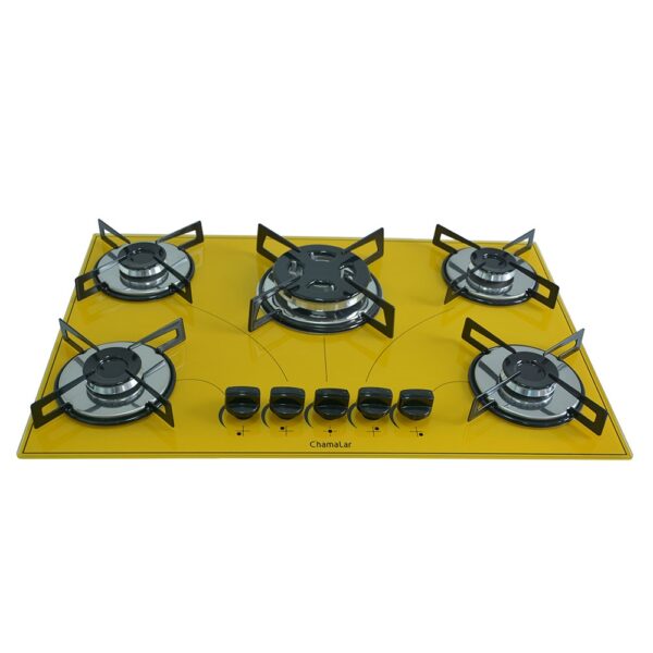 Cooktop 5 Bocas a Gás Chamalar Premium Tripla Chama Mesa de Vidro 153 Amarelo Bivolt